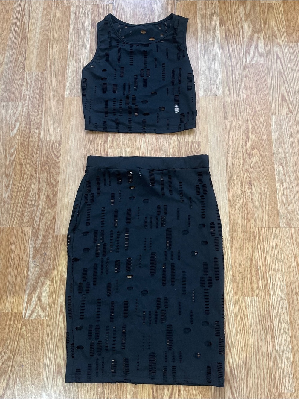 Black Two-Piece Distressed Crop Top & Pencil Skirt Set